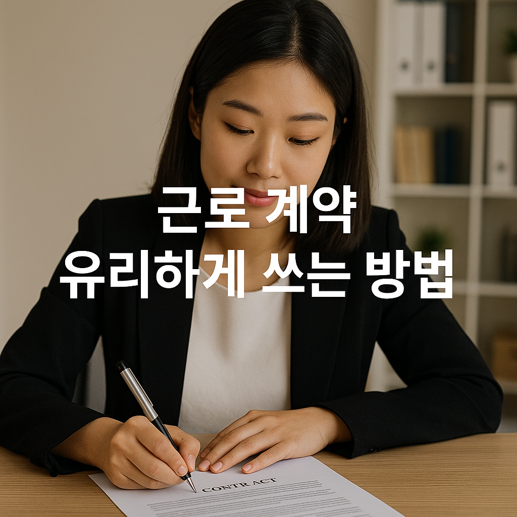 계약서를 작성 중인 정장 차림의 한국인 여성, 깔끔한 사무실 배경
