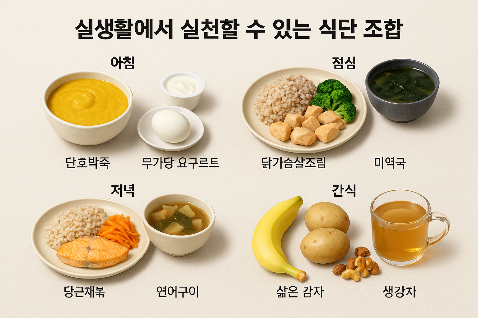 "실생활에서 실천할 수 있는 식단 조합"에 대한 이미지입니다.