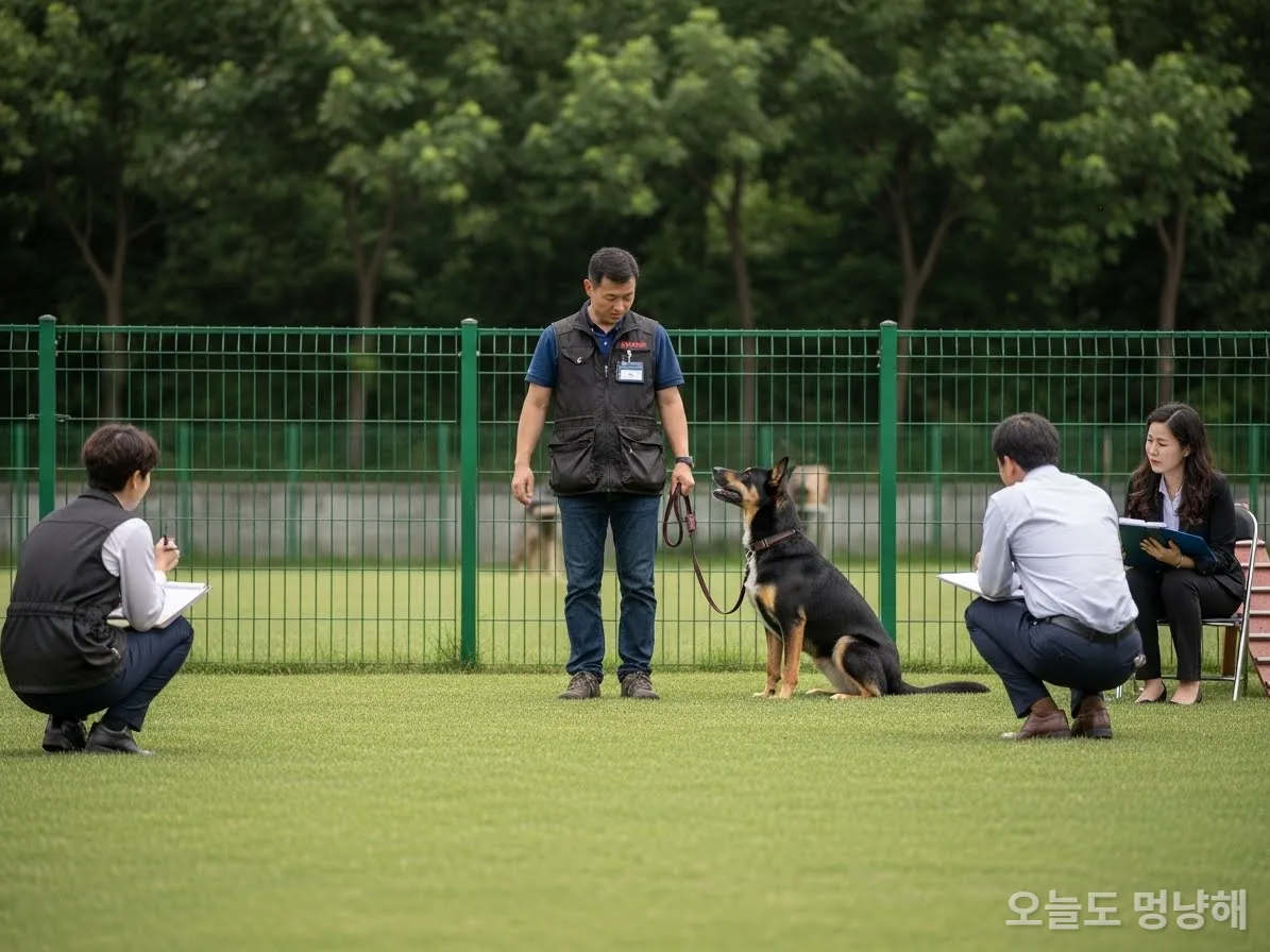 한국의 훈련장에서 전문가들에게 기질평가를 받고 있는 강아지와 기록하는 심사위원들의 모습