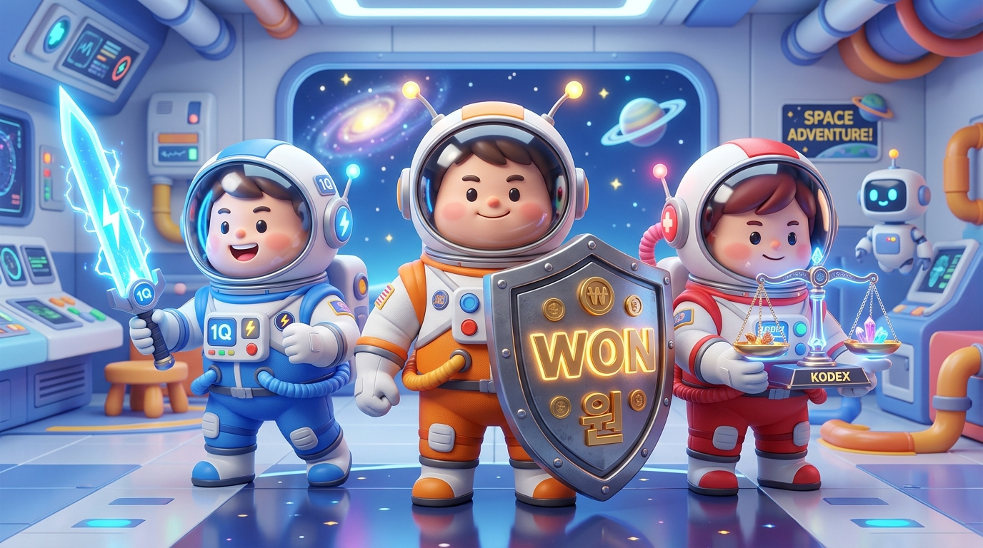 '공격적인 칼'을 든 우주인(1Q), '든든한 방패'를 든 우주인(WON), '정교한 저울'을 든 우주인(KODEX)을 대비시킨 재미있는 3D 캐릭터 일러스트