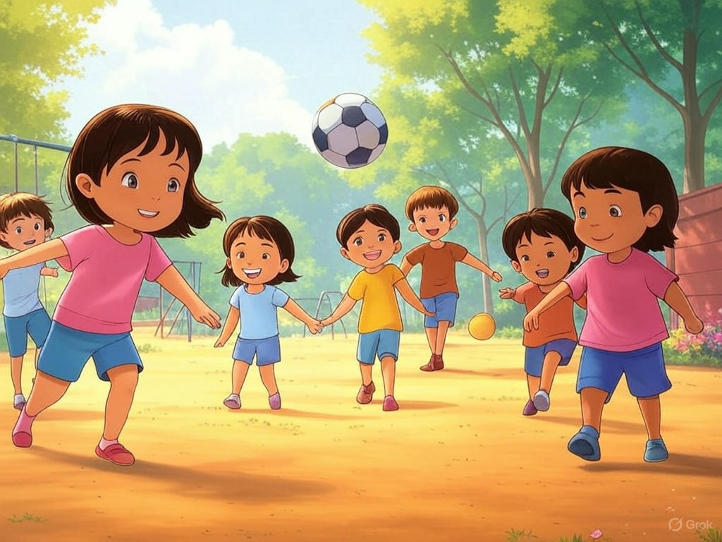 어린이집 앞 마당에서 공 차며 노는 아이들