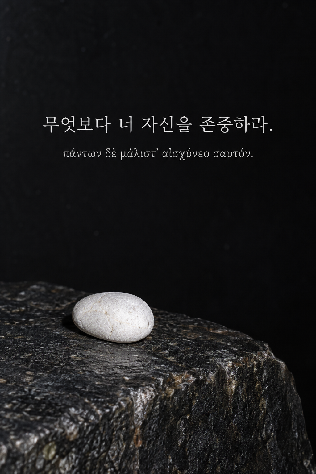 무엇보다 너 자신을 존중하라. 어두운 바위 위 흰 조약돌 하나 배경에 한국어와 그리스어 원문을 담은 피타고라스 학파 명언 이미지
