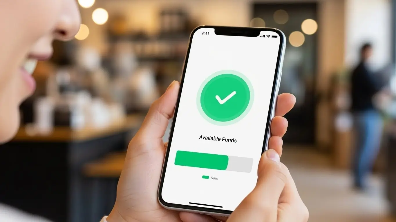 스마트폰으로 보증서 발급 가능 여부를 조회하고 승인 화면을 보며 안도하는 사장님의 모습