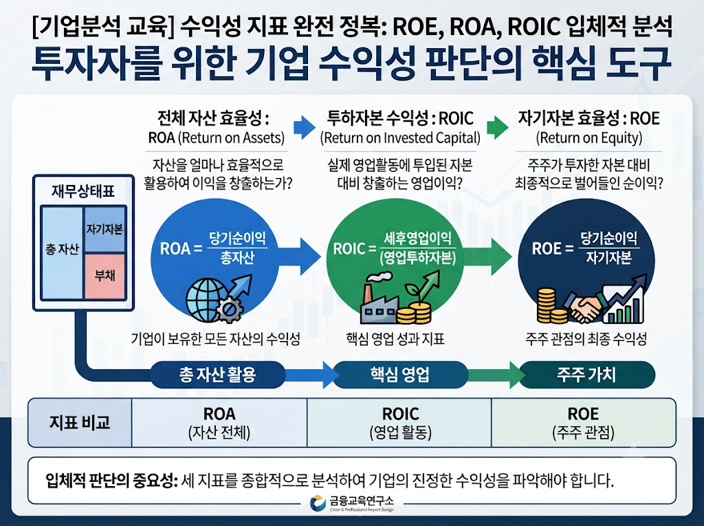 ROE ROA ROIC를 비교해 기업의 수익성을 분석하는 방법을 보여주는 금융 인포그래픽