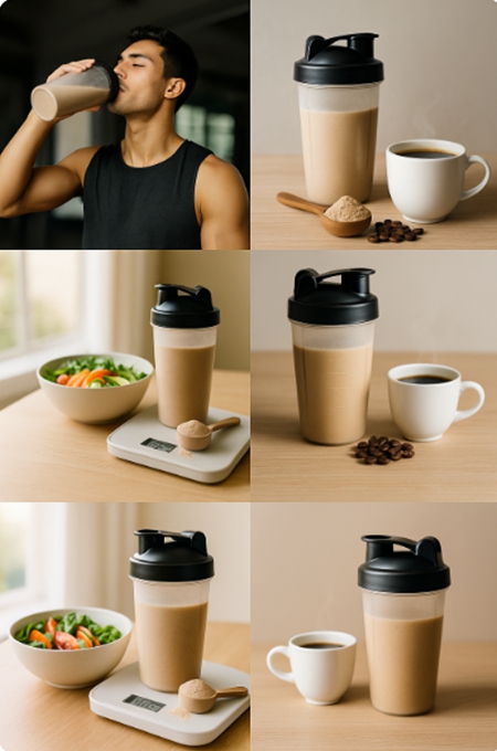 상단—운동 후 쉐이크를 마시는 남성, 인포그래픽 스타일의 신장·단백질 순환 아이콘.
하단—샐러드와 쉐이크·체중계가 놓인 식단 관리 장면, 체육관에서 쉐이크를 마시는 여성의 운동 장면을 담은 4분할 사진 콜라주.