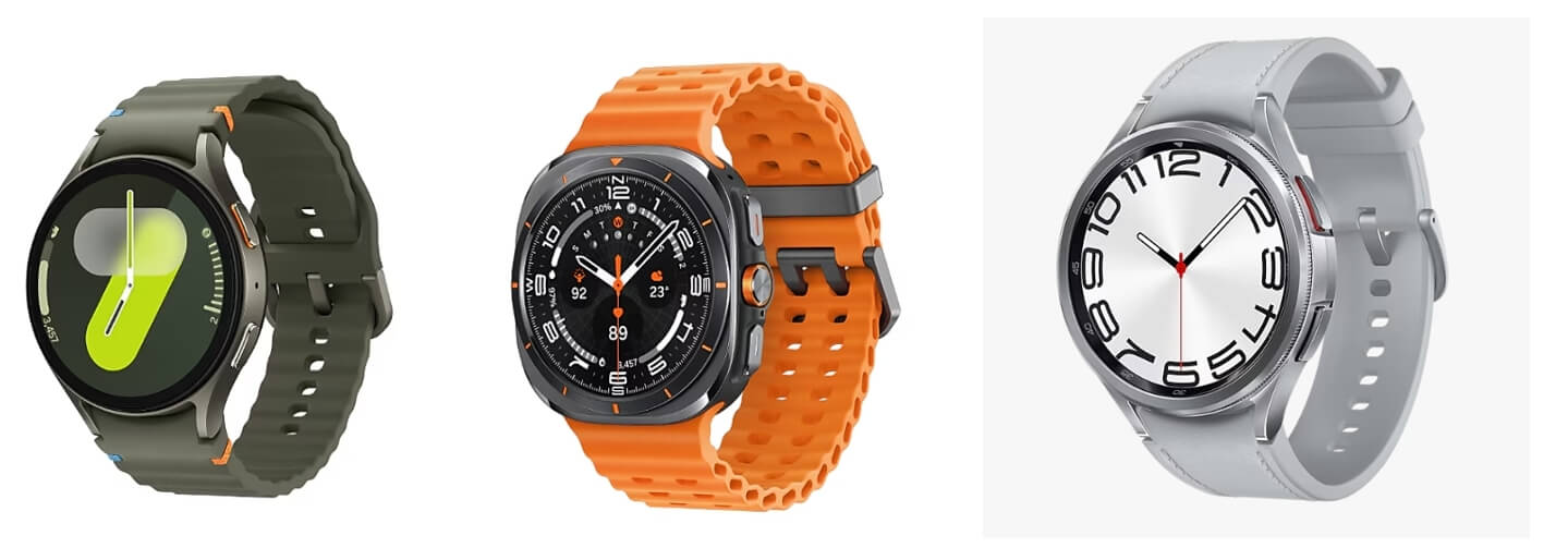 첫 번째 이미지: 갤럭시 워치 7의 올리브 그린 색상의 스트랩과 깔끔한 라운드 디스플레이가 돋보이며, 활동 추적과 건강 관리에 중점을 둔 디자인입니다.
두 번째 이미지: 갤럭시 워치 울트라의 오렌지 스포츠 스트랩과 내구성이 강조된 대담한 케이스 디자인이 돋보입니다.
세 번째 이미지: 갤럭시 워치 6 클래식의 실버 케이스와 심플한 아날로그 스타일 다이얼로, 클래식한 매력을 강조합니다.