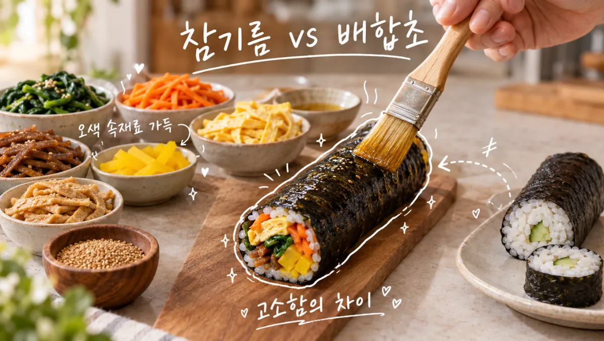 참기름을 바르고 풍성한 속재료를 넣는 한국 김밥의 조리 과정