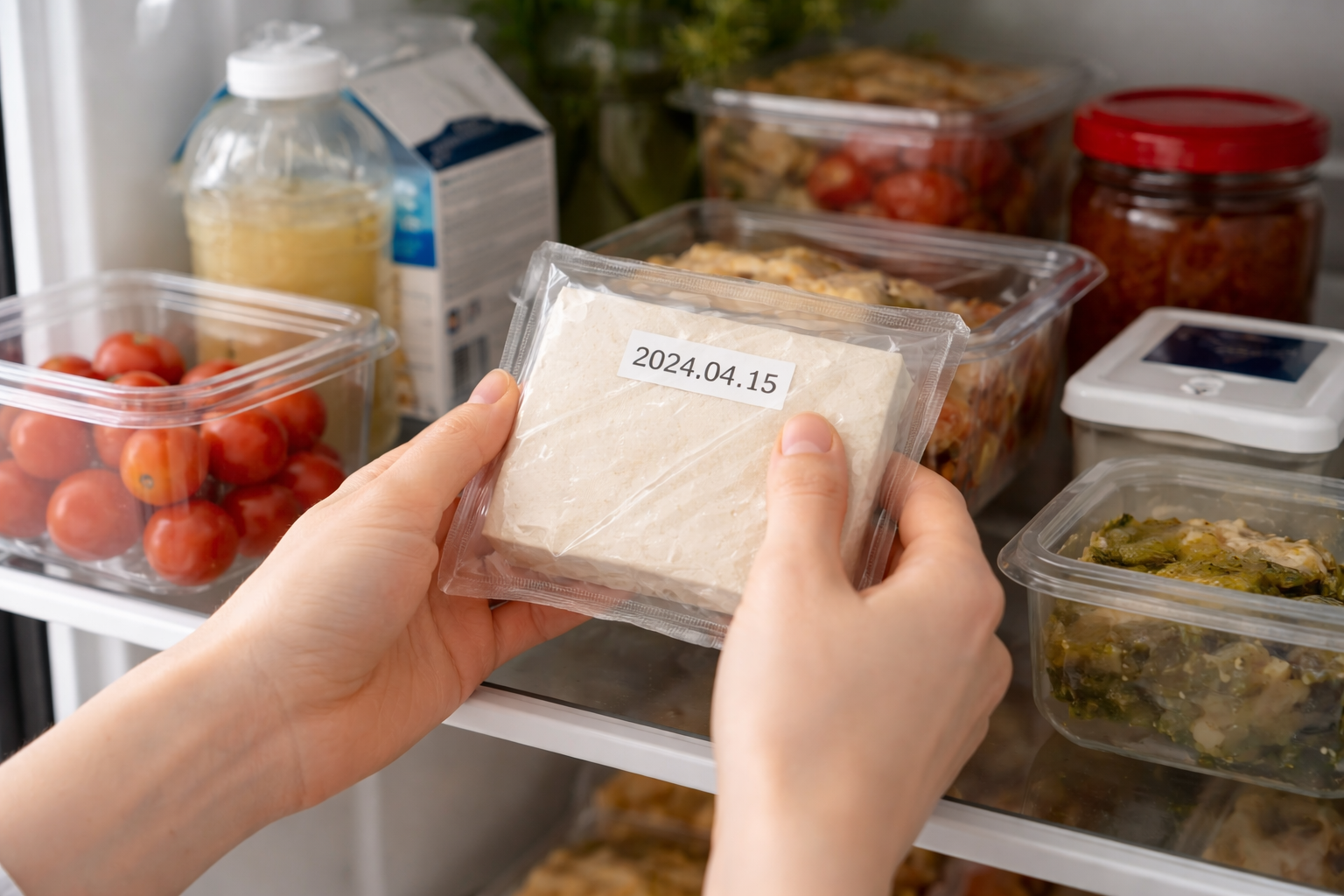 냉장고에서 유통기한을 확인하는 장면