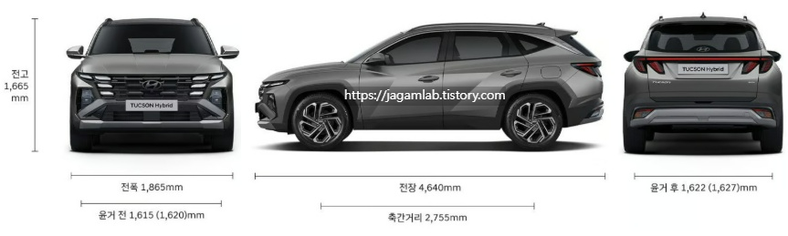 2026 투싼 하이브리드 전장, 전폭, 전고, 축간거리, 윤거 전후 제원