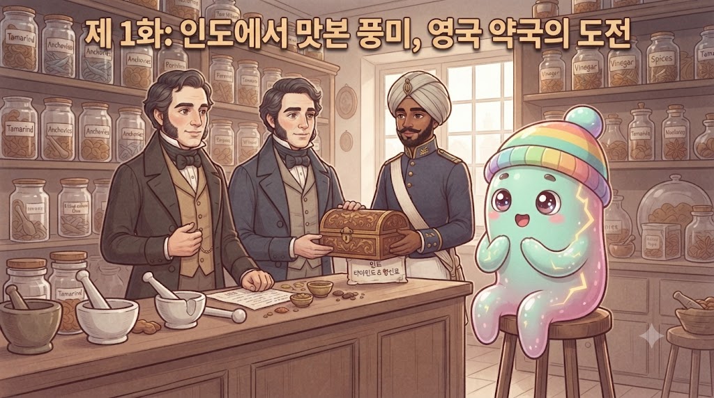 1835년 영국 우스터셔의 분주한 약국 내부입니다. 의뢰인 마커스 샌디스 경(인도 전통 의상을 입고 터번을 씀)이 존 휠리 리, 윌리엄 헨리 페린스 두 약사에게 인도에서 가져온 타마린드와 향신료 상자를 건네고 있습니다. 약국 선반에는 약초와 향신료 병들이 가득합니다.