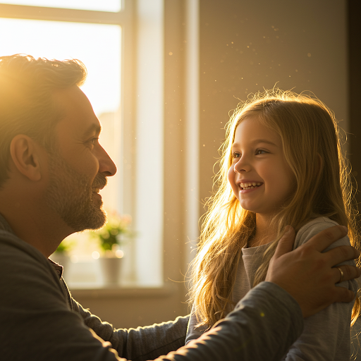 유아 아동의 훈육: 딸과 아빠가 마주 보고 기뻐함