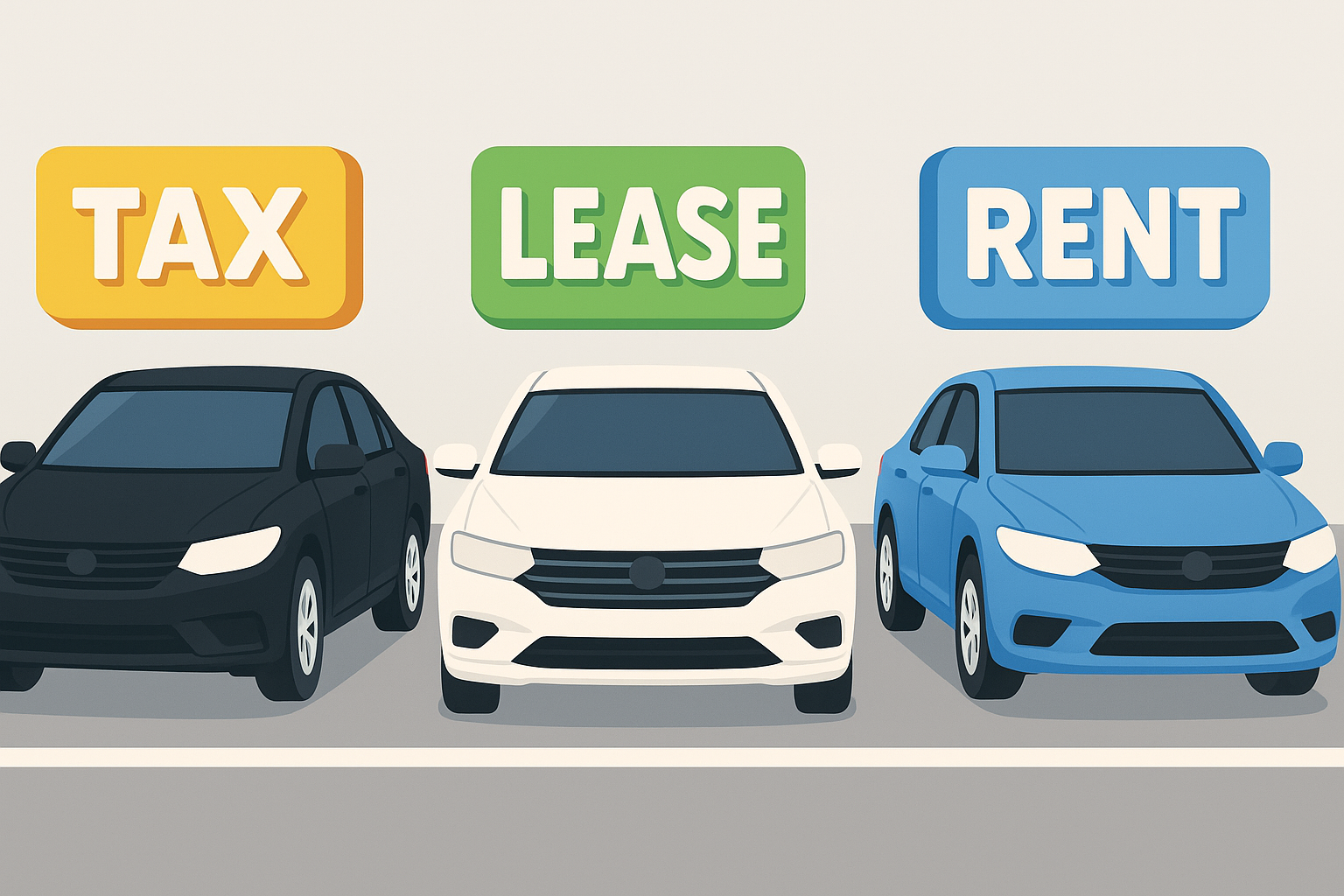 차량 3대와 각각 세금, 리스, 렌트를 마킹한 그림
