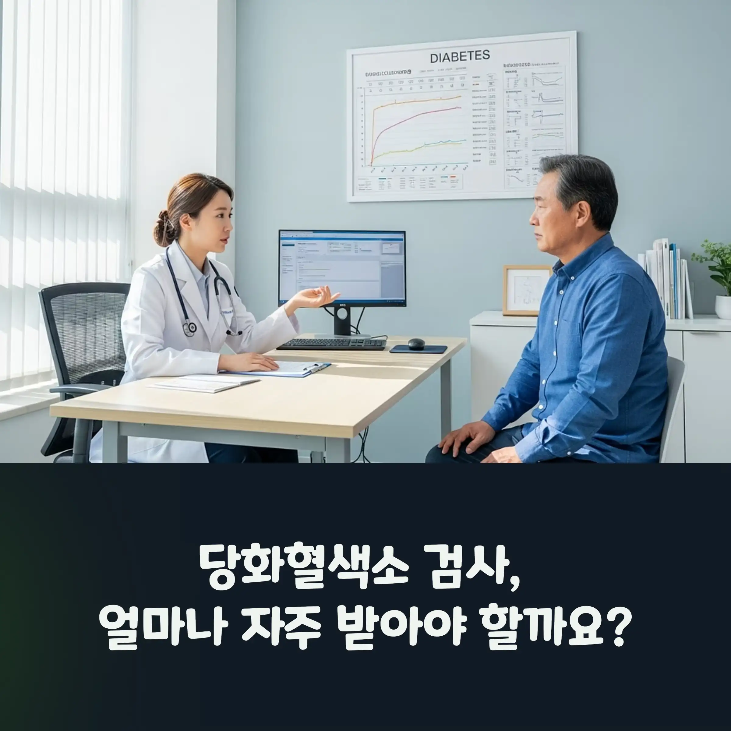 의사에게 당화혈색소 검사 결과를 듣고 있다.