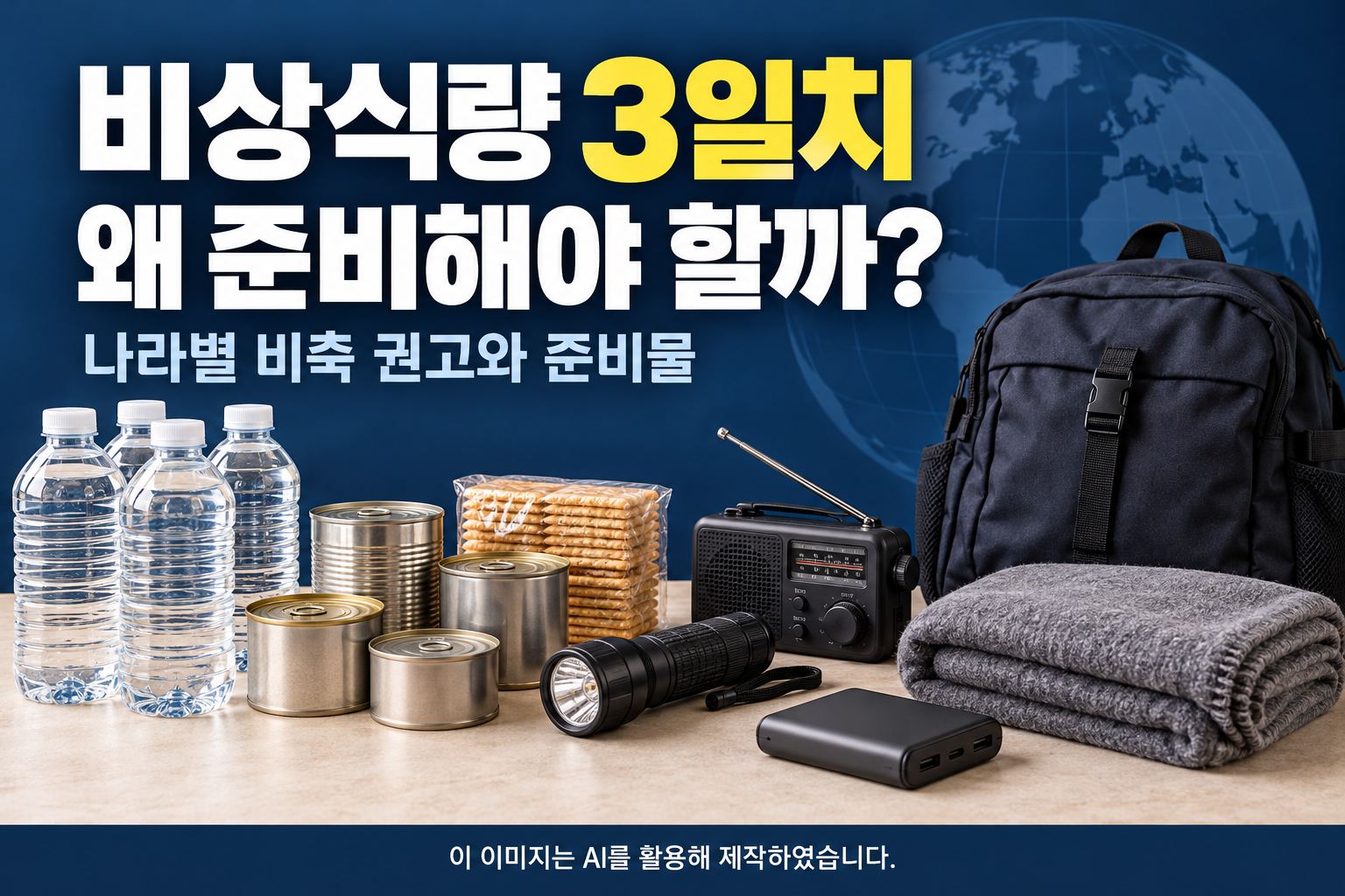 비상식량 3일치 비축의 필요성과 나라별 권고를 소개하는 이미지로, 생수·통조림·크래커·손전등·라디오·보조배터리·담요와 비상가방이 배치되어 있습니다.