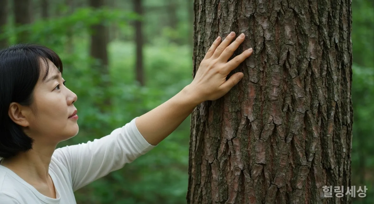 숲 속에서 나무껍질을 만지며 자연과 교감하는 한국인 여성의 손