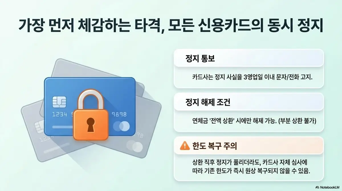대출연체 카드정지: 대출 연체로 모든 신용카드가 동시 정지되는 상황을 설명하는 인포그래픽. 정지 통보 기한과 정지 해제 조건 및 한도 복구 주의사항을 안내함