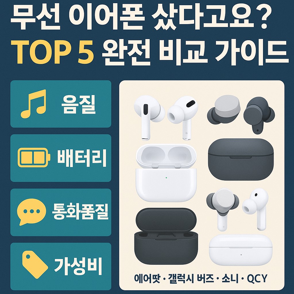 무선 이어폰 추천 TOP 5 대표 인포그래픽: 음질, 배터리, 통화품질, 가성비 비교