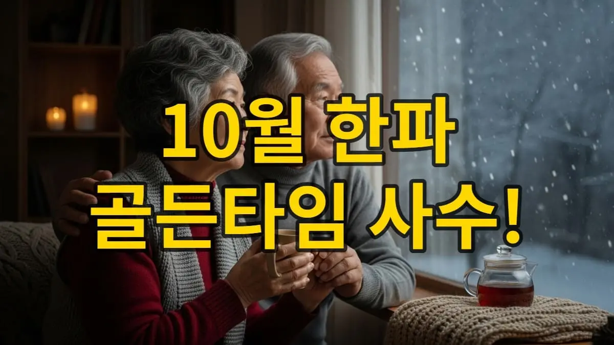 창밖의 서리 내린 풍경을 보며 따뜻한 차를 마시는 노부부, 포근한 실내에서 한파를 대비하는 모습
