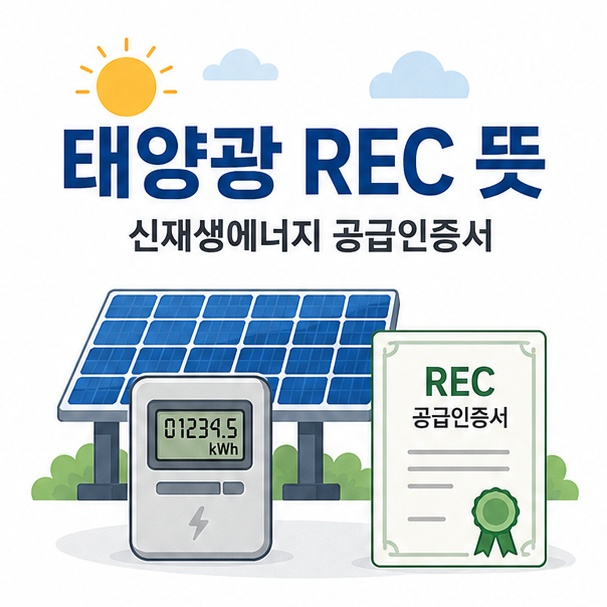 태양광 패널과 공급인증서를 이용해 태양광 REC가 신재생에너지 발전과 공급 사실을 증명하는 인증서임을 표현한 이미지
