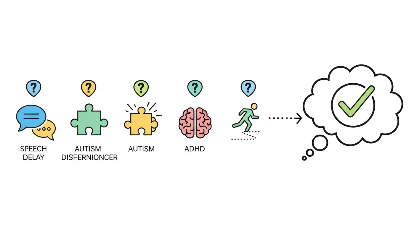 발달재활서비스 대상 여부를 판정하는 과정을 시각적으로 보여주는 인포그래픽. 다양한 발달 지연 유형이 심사를 거쳐 선정되는 모습.