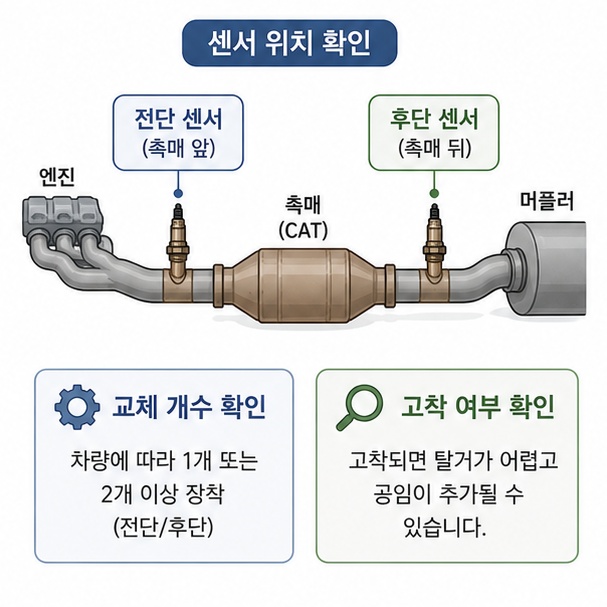 촉매 앞쪽과 뒤쪽에 있는 산소센서 위치와 교체 개수, 고착 여부를 확인하는 그림