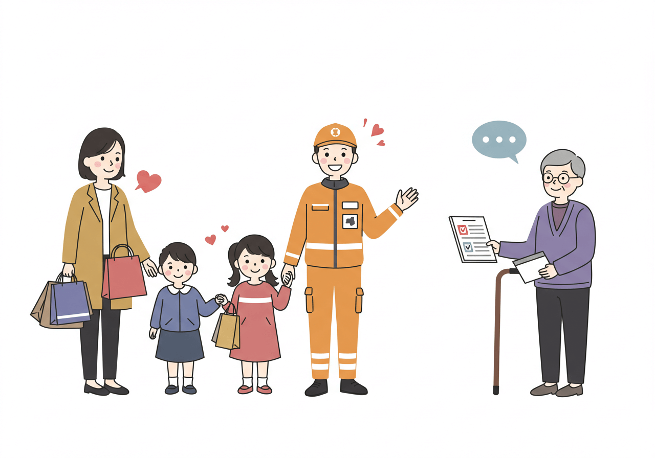 민생·재난·생활지원금의 성격 차이를 상징하는 응급구조요원과 노인 그리고 마트에서 산 물건을 들고 있는 부인