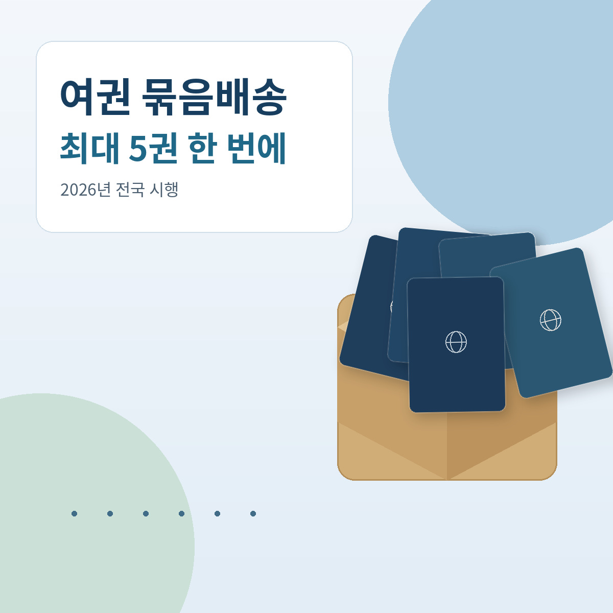 여러 권의 여권 모양 책자와 우편 상자를 함께 표현한 여권 묶음배송 안내 이미지