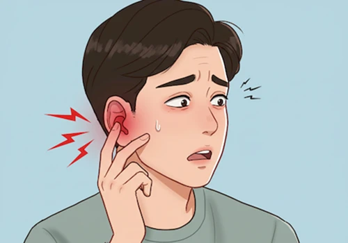 표현적인 일러스트 스타일로 그린, 붓고 아픈 귀에서 진물이 나와 당혹스러워하는 성인 한국인 캐릭터