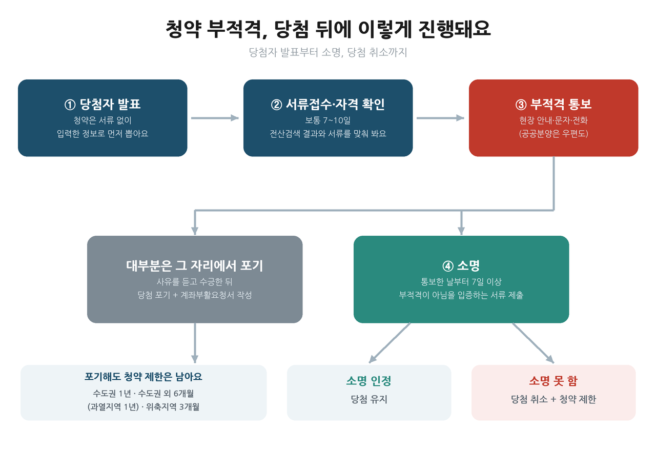 청약 부적격 처리 흐름 그림, 당첨자 발표 뒤 서류접수와 자격 확인, 부적격 통보, 그 자리에서 포기하거나 7일 이상 소명, 소명이 인정되면 당첨 유지, 못 하면 당첨 취소와 청약 제한
