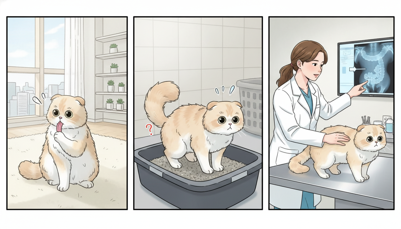 그루밍하는 고양이, 변비로 힘들어하는 고양이, 거대결장 X-ray를 설명하는 수의사.