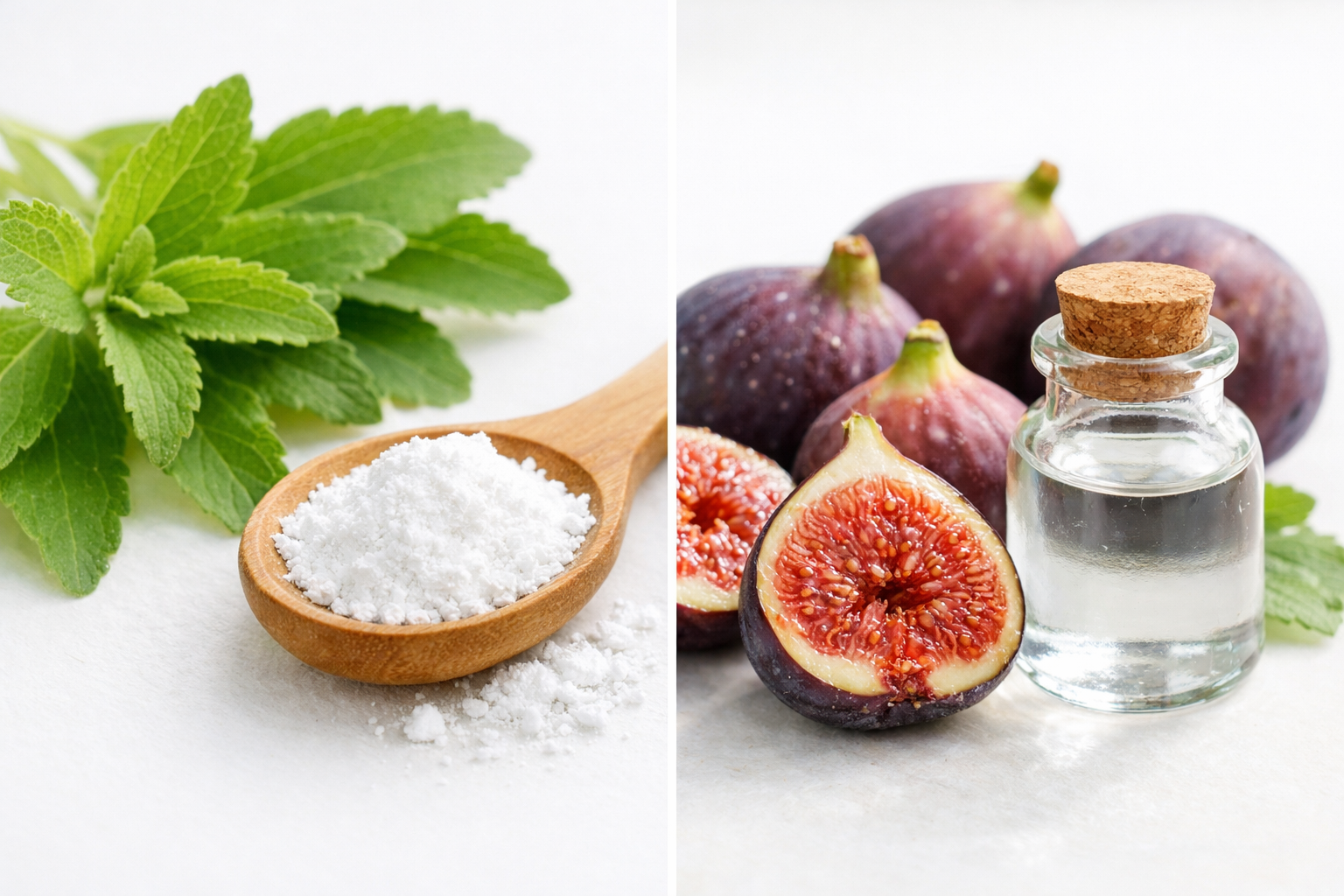스테비아 잎과 스테비아 가루. 잘 익은 무화과와 투명한 액상 알룰로스