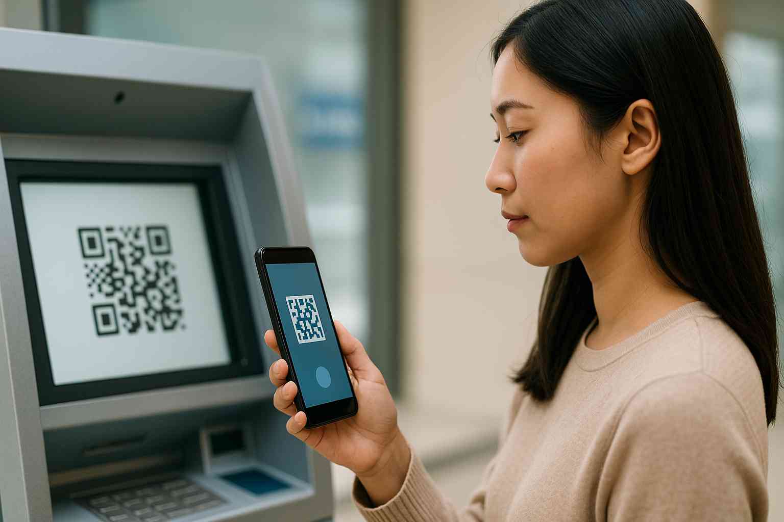 QR코드가 표시된 ATM 앞에서 스마트폰으로 스캔하는 여성