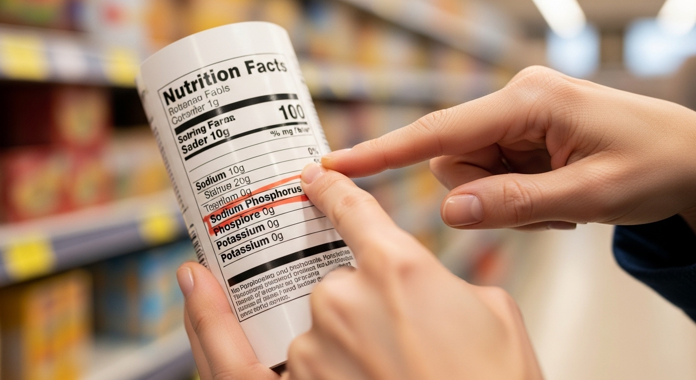 신중하게 식품의 영양 성분표를 읽으며 나트륨, 인, 칼륨 함량을 확인하는 사람의 손