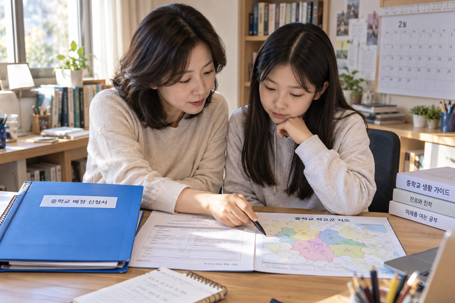 중학교 배정 원서에 주소·학교가 다를 때, 졸업 전 확인과 교육지원청 문의 순서 상황에서 부모와 아이가 필요한 정보를 함께 확인하는 실제 생활 장면