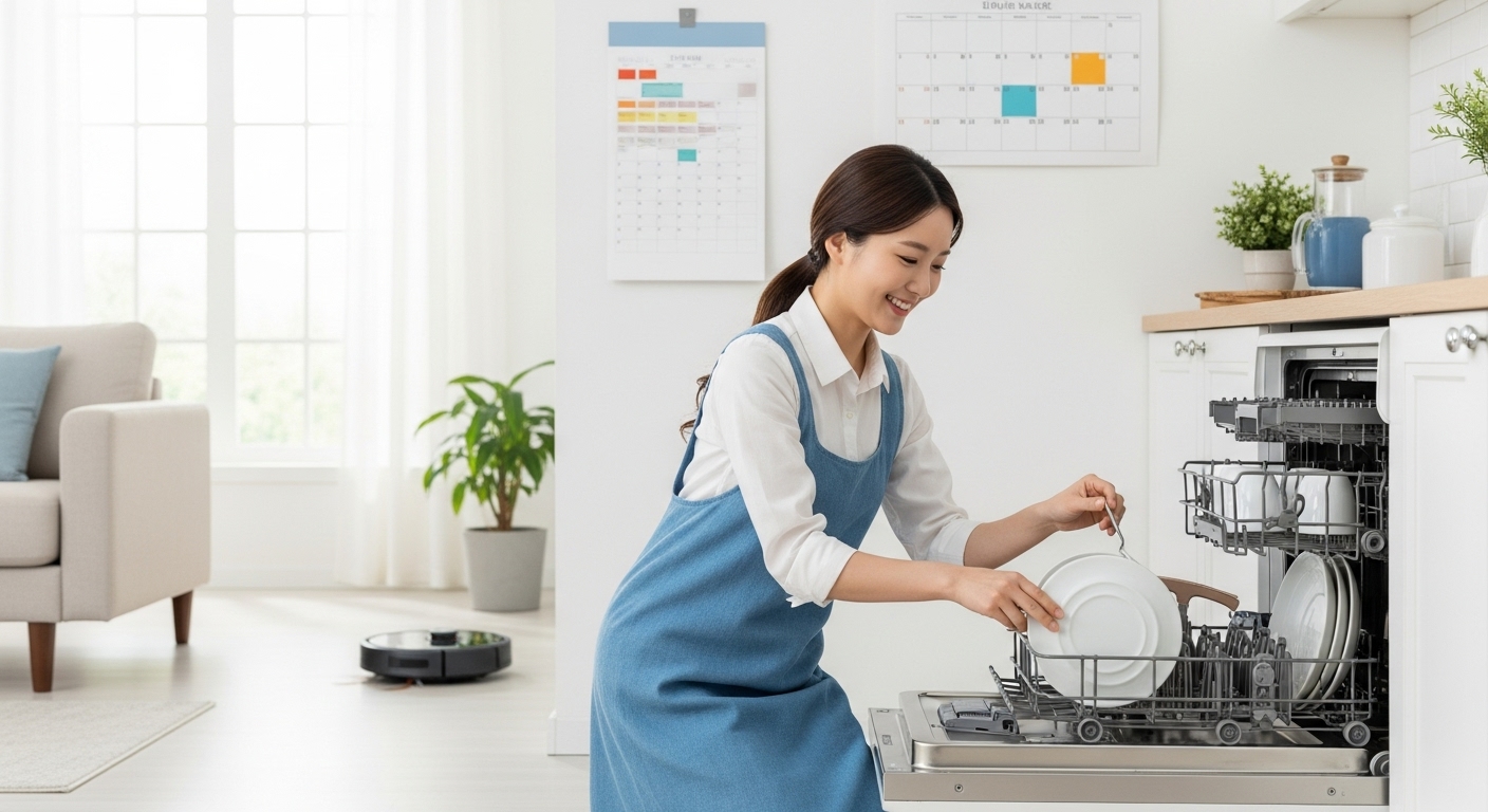 식기세척기에 그릇을 넣고 있는 주부와 거실을 청소하는 로봇청소기의 모습. 달력에는 깔끔하게 정리된 주간 루틴이 표시되어 있어, 집안일 자동화와 효율적인 루틴을 통한 시간 절약을 시각적으로 보여준다.