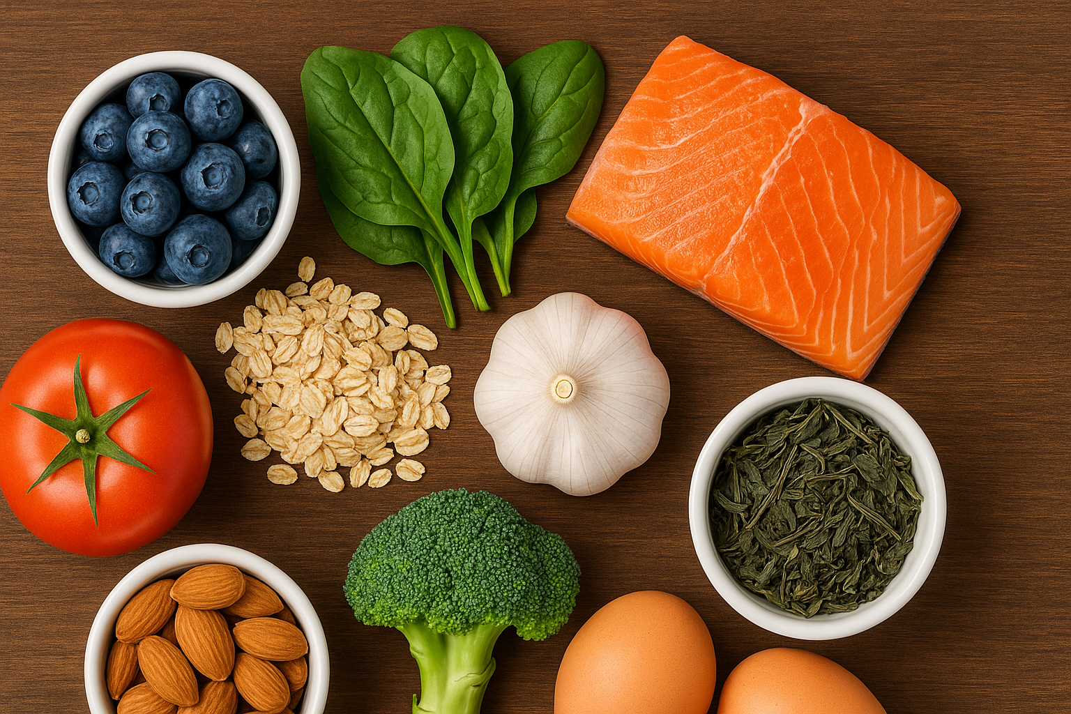 슈퍼푸드 10가지(블루베리, 시금치, 연어, 토마토, 마늘, 녹차, 브로콜리, 달걀, 아몬드, 귀리)가 테이블에 놓인 그림