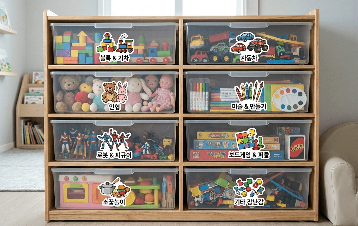 아이 장난감 정리_서랍 문에 그림으로 라벨링이 되어 있는 수납장