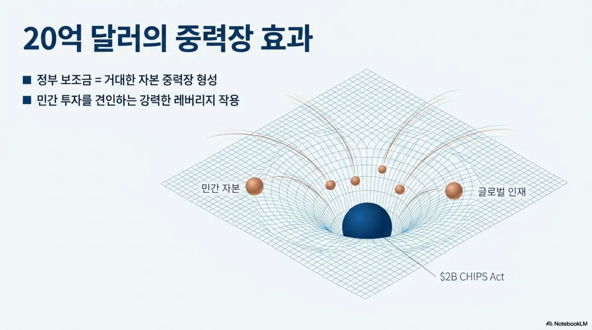 트럼프 양자컴퓨터: 양자컴퓨터 보조금 20억 달러의 중력장 효과를 시각화한 인포그래픽. 정부 보조금이 거대한 자본 중력장을 형성하여 민간 자본과 글로벌 인재를 끌어당기는 레버리지 작용을 물리학적 중력장 비유로 표현함