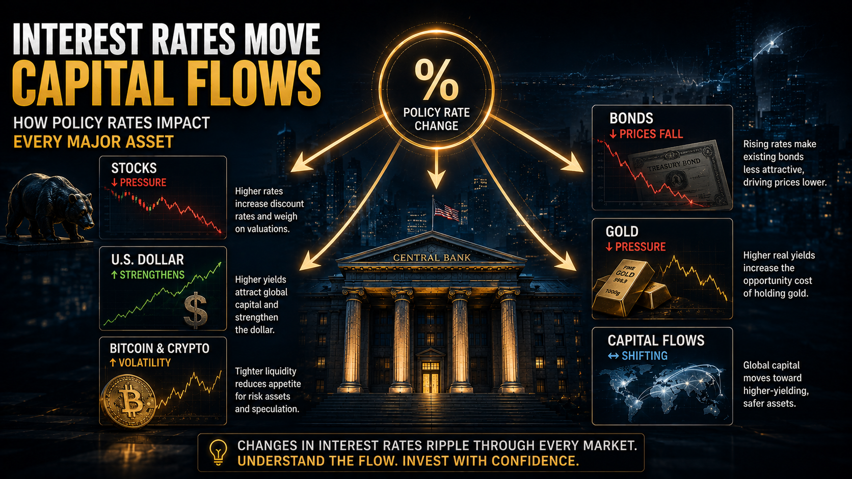 Financial markets illustration showing how interest rate changes affect capital flows across major asset classes.