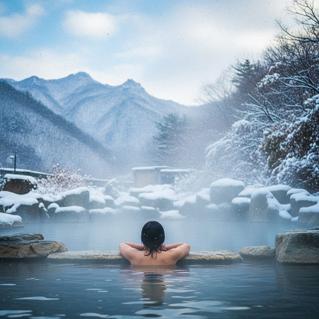 충주 수안보온천의 겨울 풍경. 눈 덮인 산을 배경으로 따뜻한 김이 피어오르는 노천탕에서 평화롭게 휴식하는 모습._2
