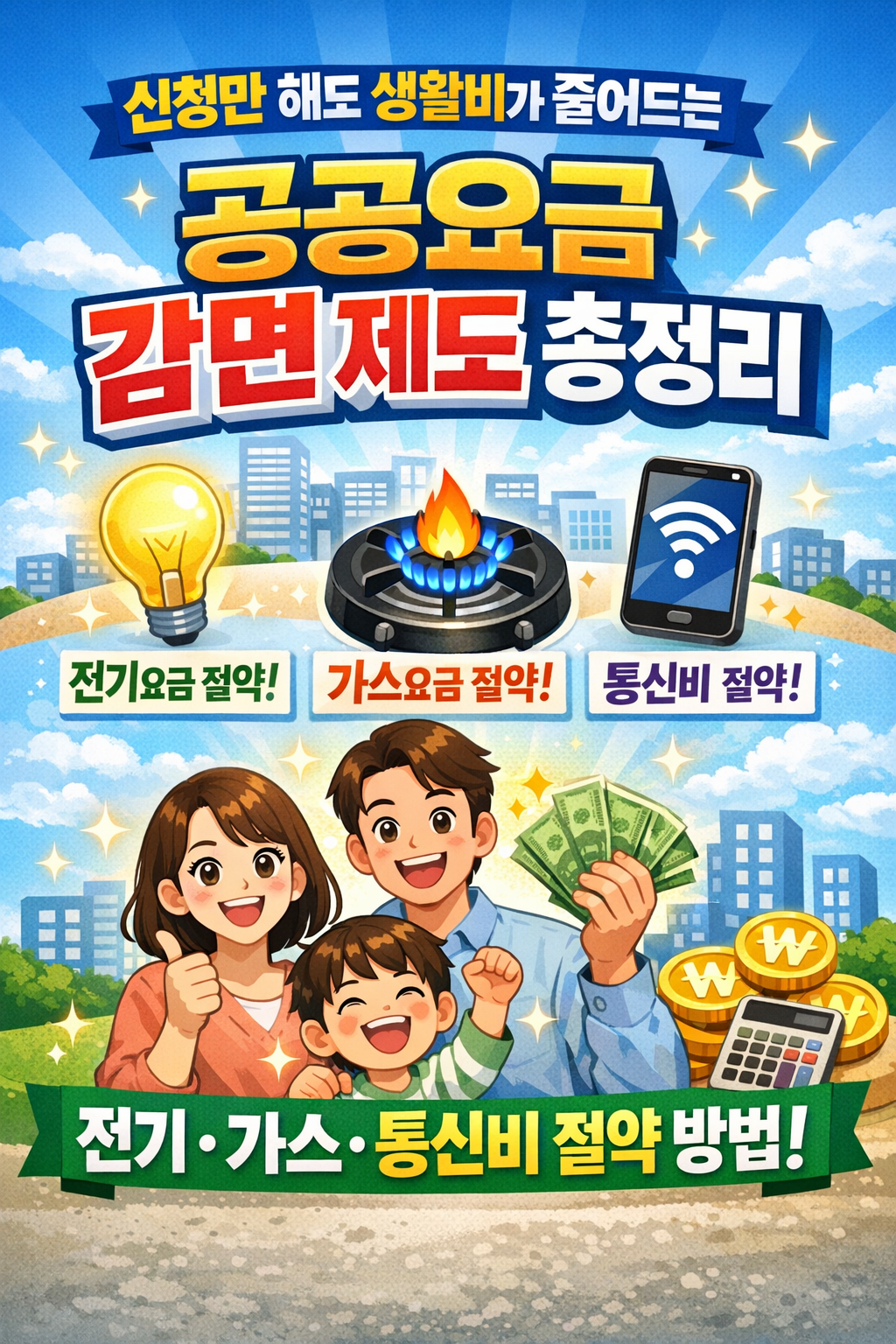 신청만 해도 생활비가 줄어드는 공공요금 감면 제도 총정리,
전기요금 절약, 가스요금 절약, 통신비 절약. 공공요금 감면 제도로 생활비를 줄인 가족이 즐거워하는 모습