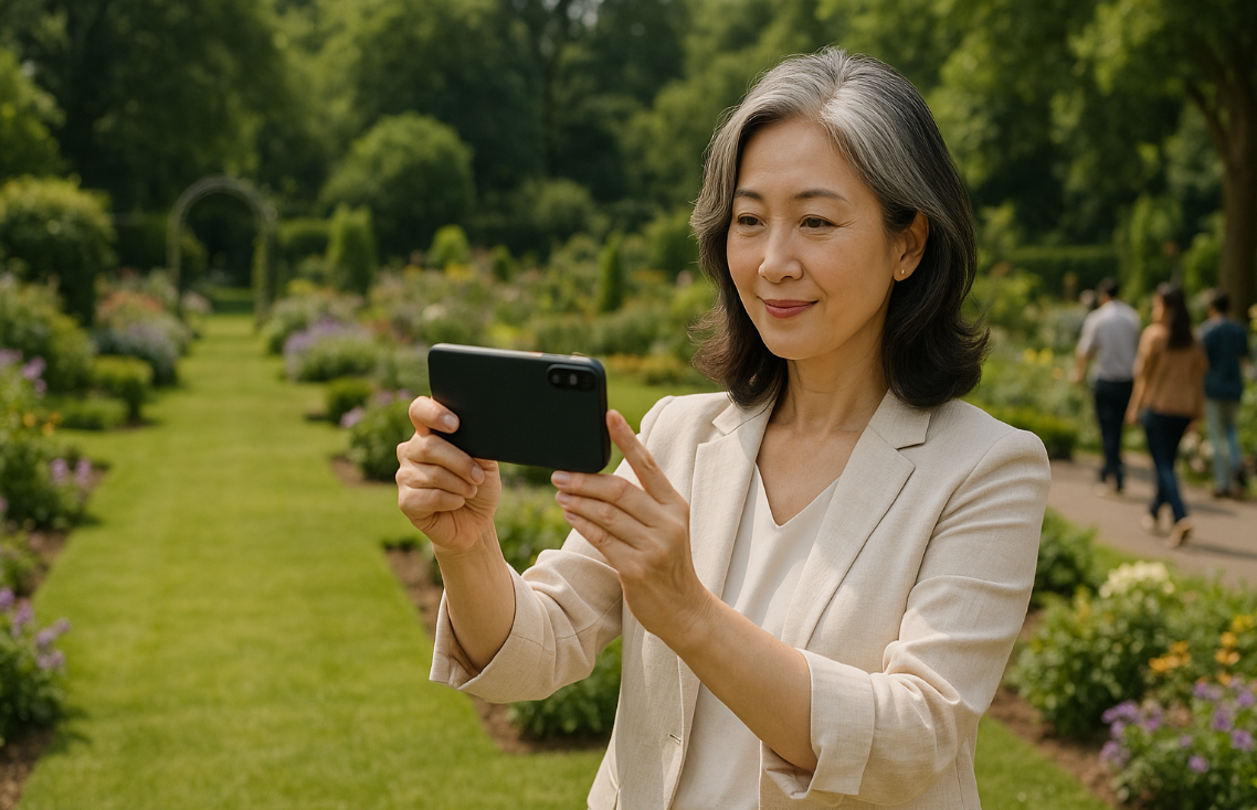 스마트폰으로 사진 찍다가 어느덧 작품 사진을 촬영하는 아마추어 사진작가 중년 여성의 모습