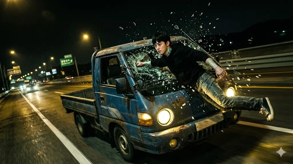 넷플릭스 영화 언힐러 심야 도로 자동차 추격전 중 켈리가 스스로 차에 뛰어들어 적의 차량을 파괴하는 긴박한 액션씬