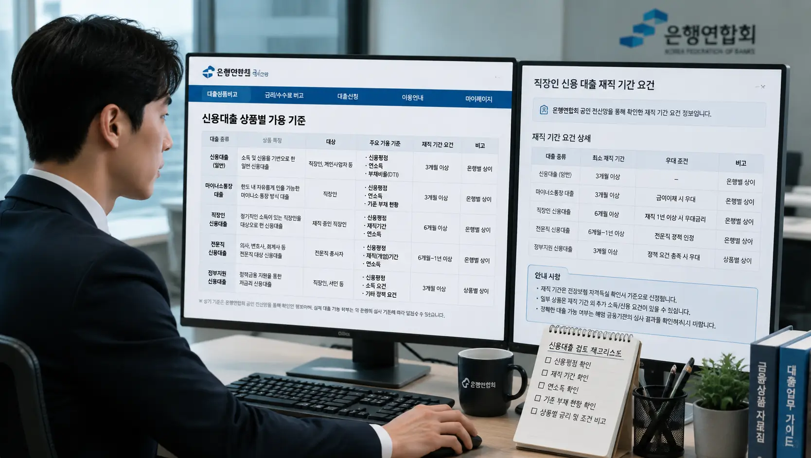 신용대출 종류별 가용 기준과 직장인 신용 대출 재직 기간 요건을 은행연합회 공인 전산망으로 검토하는 직장인