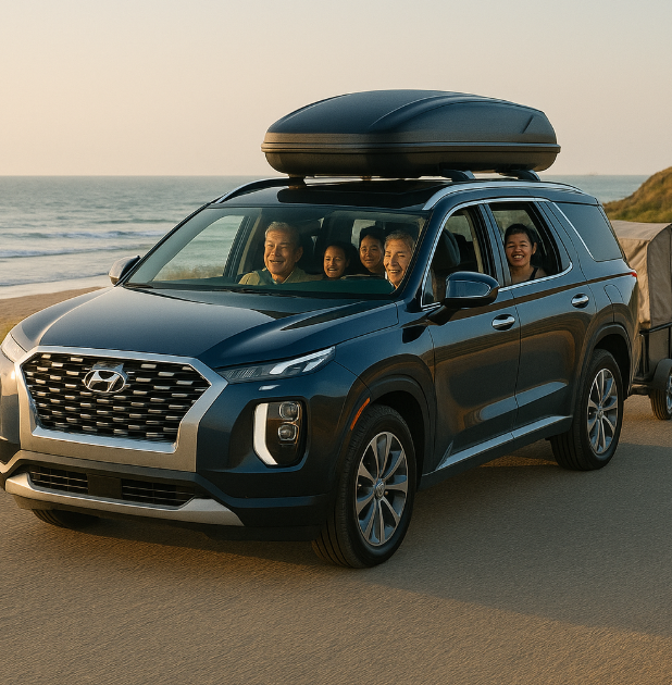 현대 팰리세이드를 타고 캠핑을 떠나는 가족사진