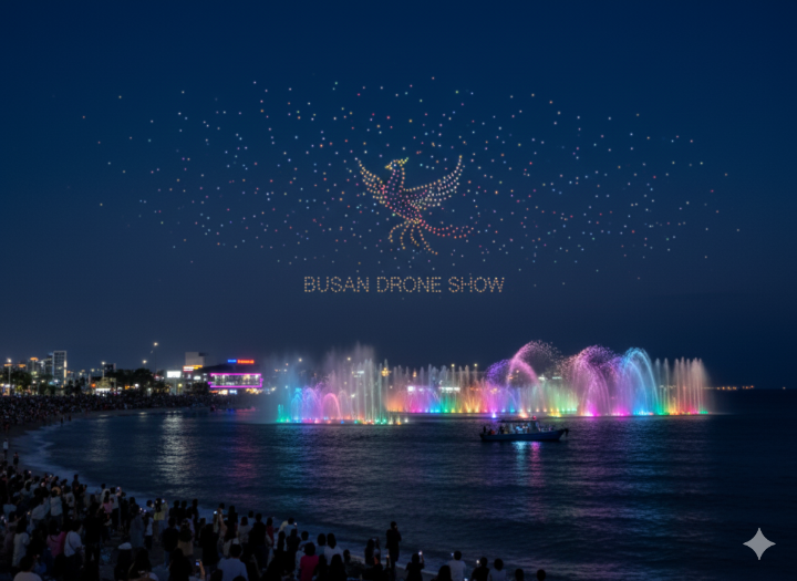 다대포 낙조분수와 드론쇼가 어우러진 상상도