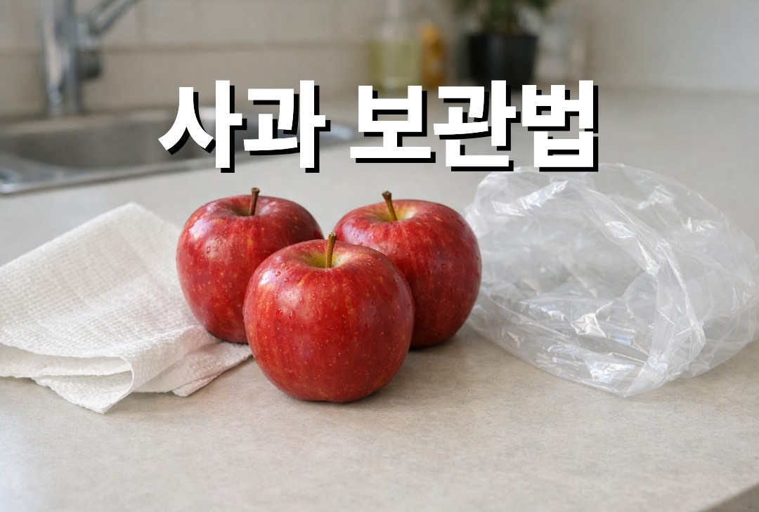 사과 보관을 위해 키친타월과 비닐봉투를 준비한 모습