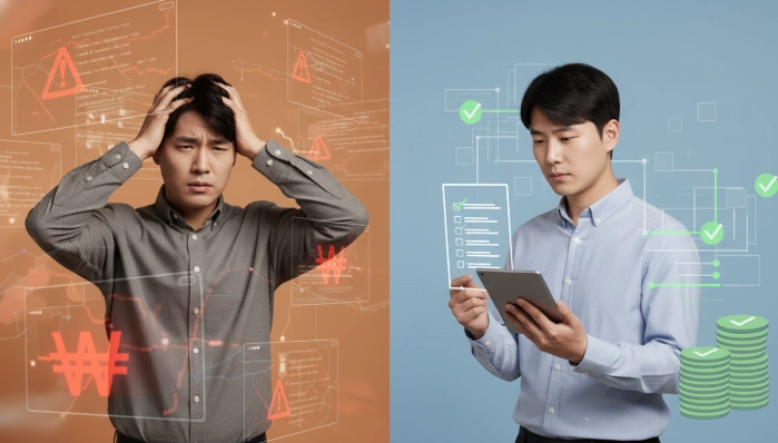 한국-베트남 송금 시 흔히 발생하는 실수(왼쪽)와 이를 예방하는 방법(오른쪽)을 보여주는 비교 이미지. 잘못된 정보 입력으로 혼란스러워하는 모습과 꼼꼼히 확인하며 안심하는 모습을 대조.