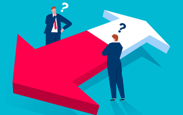 탄핵 기각과 인용 사이에서 고민하는 사람들을 상징하는 그래픽 이미지