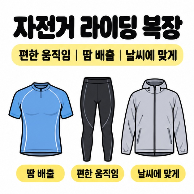 자전거 라이딩 복장 제목 아래 상의와 하의, 겉옷을 배치해 땀 배출과 편한 움직임, 날씨에 맞춘 선택을 설명한 대표 이미지